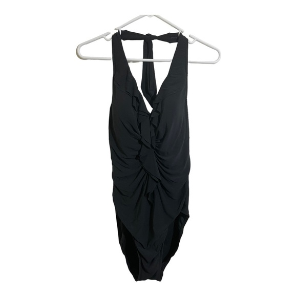 Miraclesuit womens one piece neck tie ruffle front black fits Small to medium - Picture 1 of 13
